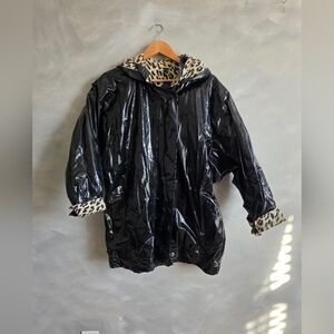 Vtg Black Vinyl Raincoat Hooded Bomber Aninal Print Flannel Lined Sz M